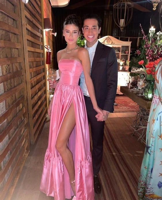 Elegant Strapless Pink Floor Length Prom Dress With High Slit