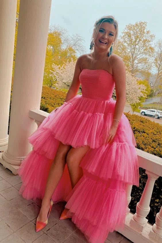 Elegant Strapless Pleated Tiered Tulle Hot Pink High Low Prom Dress