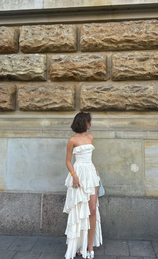 Elegant Strapless Ruffle Tiered White Party Dress Prom Dress With Slit