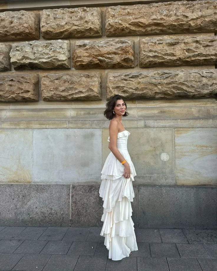 Elegant Strapless Ruffle Tiered White Party Dress Prom Dress With Slit