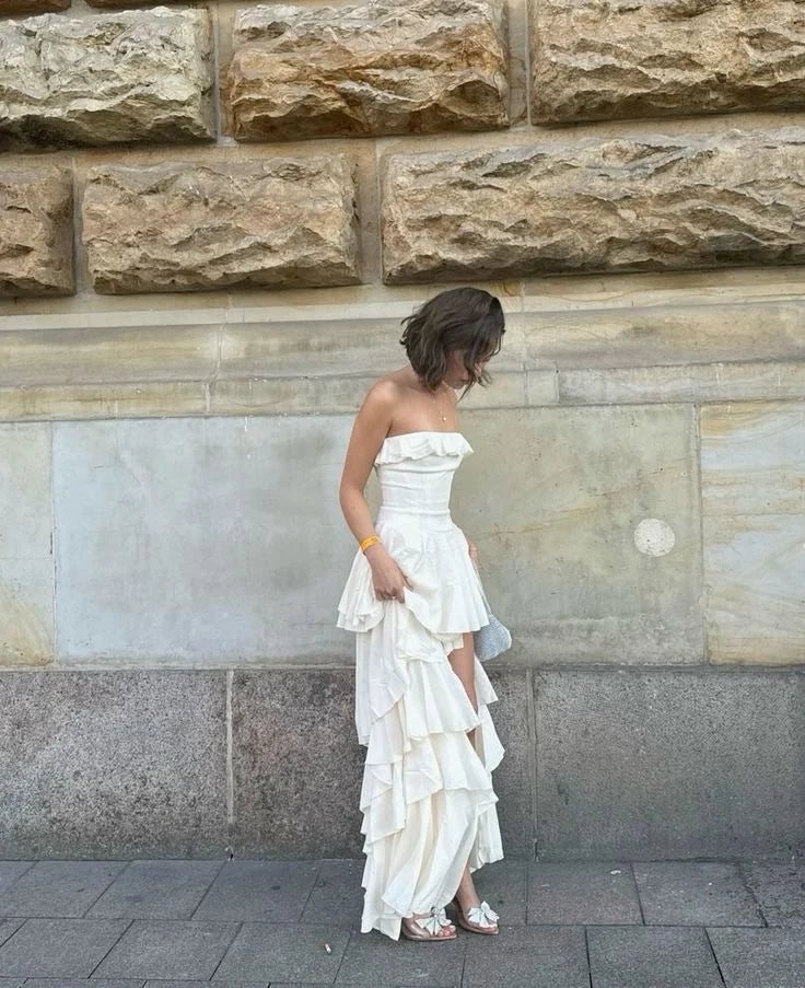 Elegant Strapless Ruffle Tiered White Party Dress Prom Dress With Slit