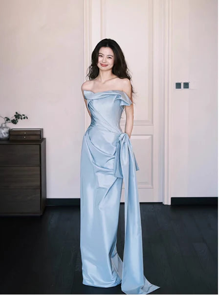 Elegant Strapless Satin Blue Evening Dress Graduation Dress With Streamer
