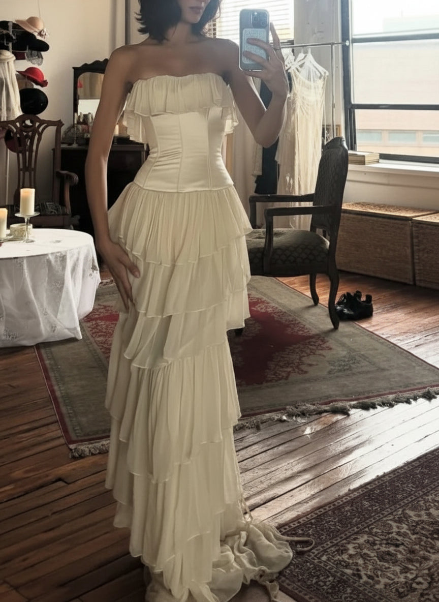Elegant Strapless Tiered Ruffle Chiffon Ivory Long Prom Dress Party Dress