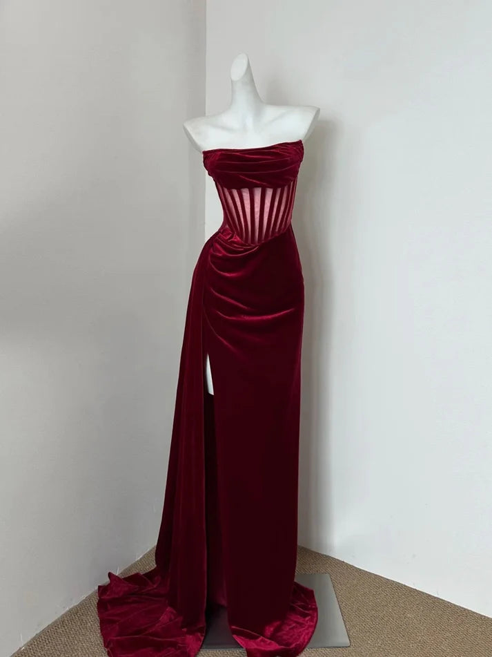 Elegant Strapless Velvet Burgundy Long Prom Dress Evening Dress Party Dress