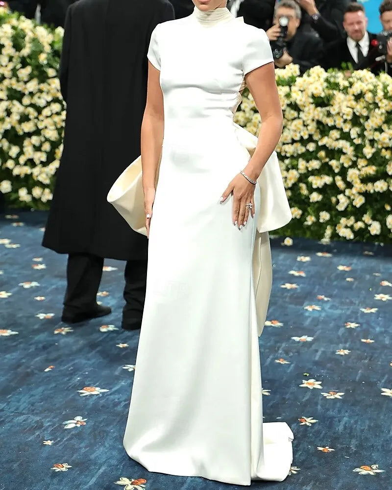 Elegant Stylish Sheath High Neck Bow Back Satin White Trumpet Prom Dress