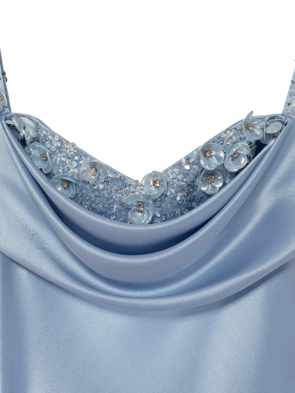 Elegant Sweetheart Beaded Satin Blue Long Prom Dress Evening Dress