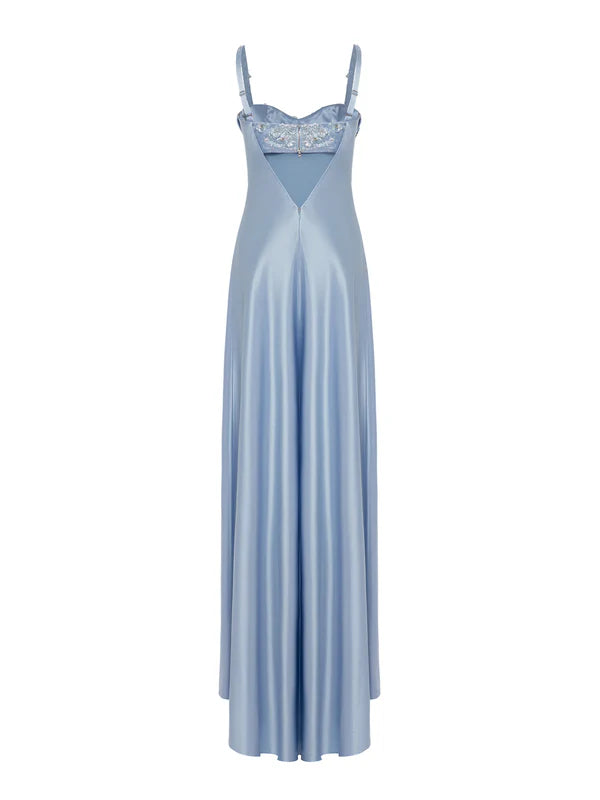 Elegant Sweetheart Beaded Satin Blue Long Prom Dress Evening Dress