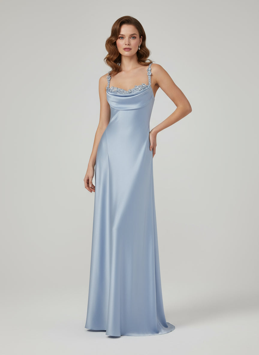 Elegant Sweetheart Beaded Satin Blue Long Prom Dress Evening Dress