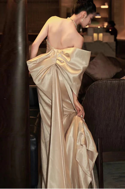 Elegant Sweetheart Bow Satin Champagne Evening Dress Graduation Dress Prom Dress