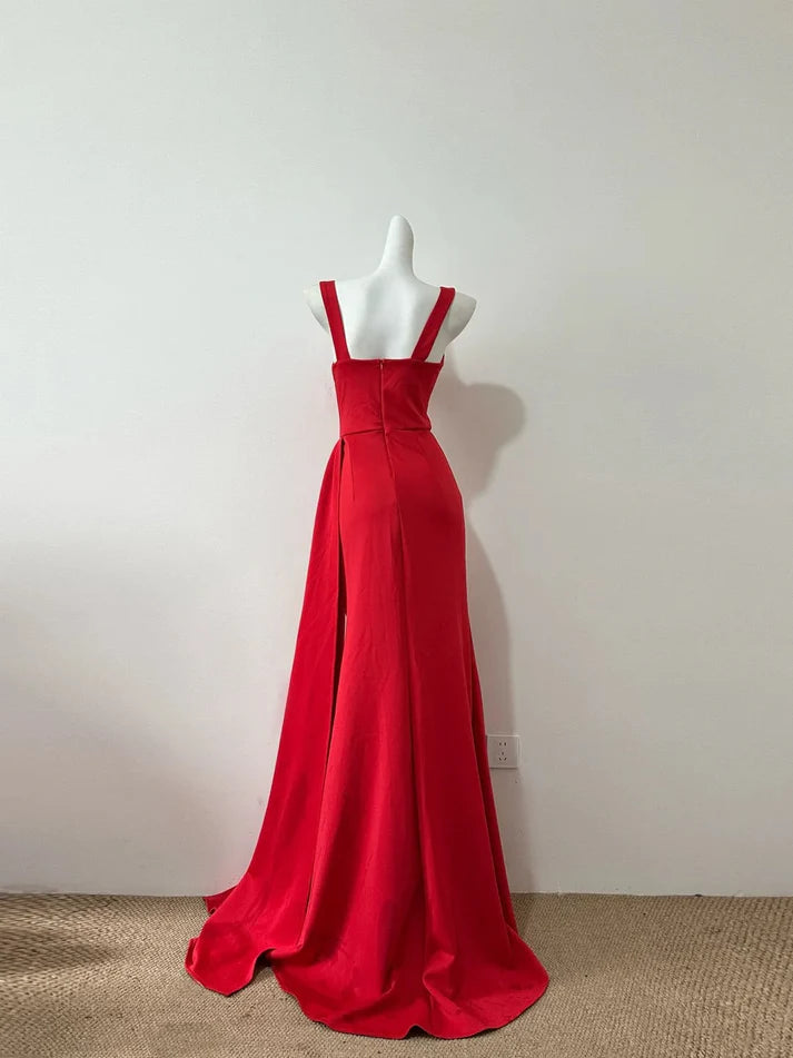 Elegant Sweetheart Corset Slit Satin Red Long Party Dress With Streamer