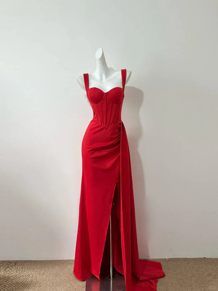 Elegant Sweetheart Corset Slit Satin Red Long Party Dress With Streamer