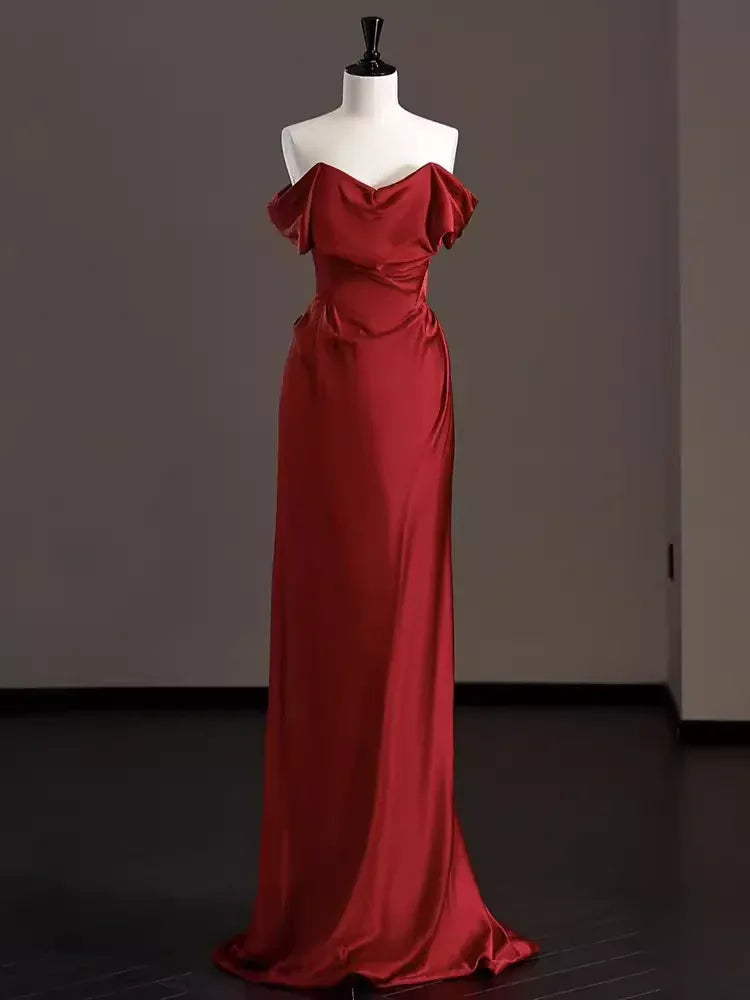 Elegant Trumpet Off-the-Shoulder Sleeveless Draped Burgundy Train Prom Dress for Women Custom