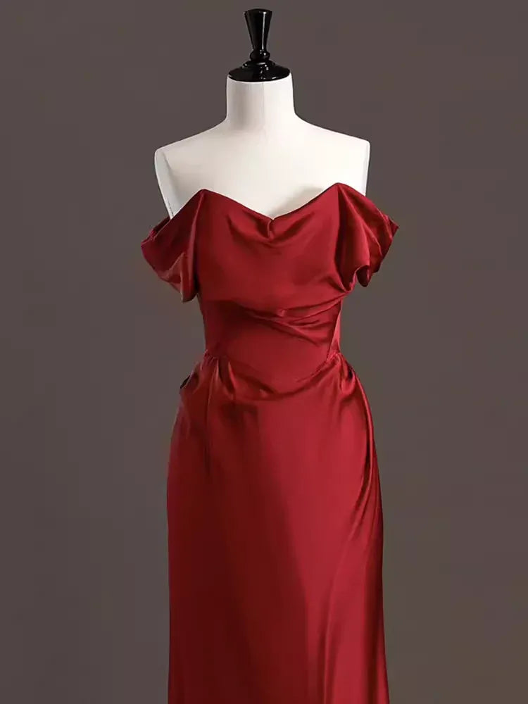 Elegant Trumpet Off-the-Shoulder Sleeveless Draped Burgundy Train Prom Dress for Women Custom