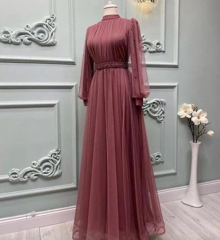 Elegant Tulle Long Evening Dress Burgundy High Neck Puff Sleeve for Women