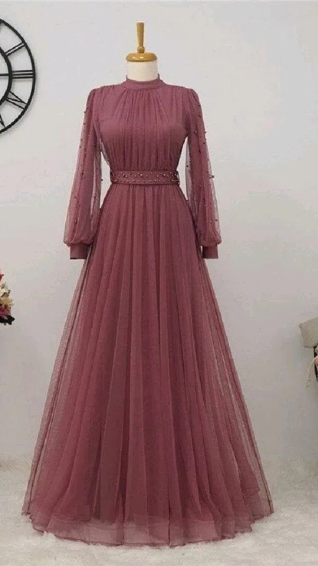 Elegant Tulle Long Evening Dress Burgundy High Neck Puff Sleeve for Women