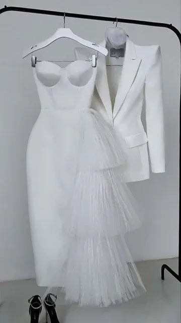 Elegant Tulle Midi Evening Dress White Strapless Ruffled Layer for Women