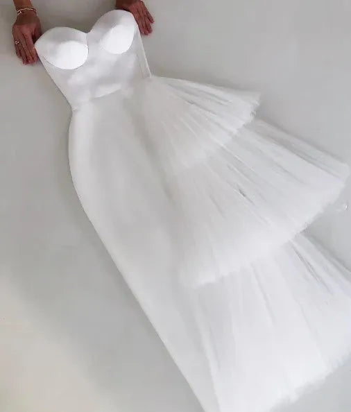 Elegant Tulle Midi Evening Dress White Strapless Ruffled Layer for Women