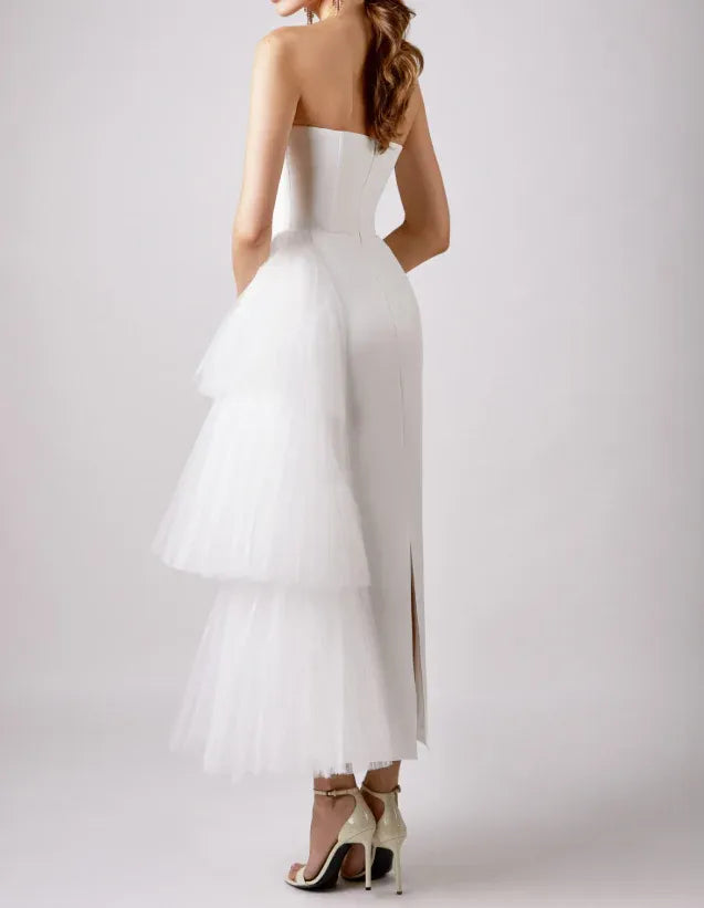 Elegant Tulle Midi Evening Dress White Strapless Ruffled Layer for Women