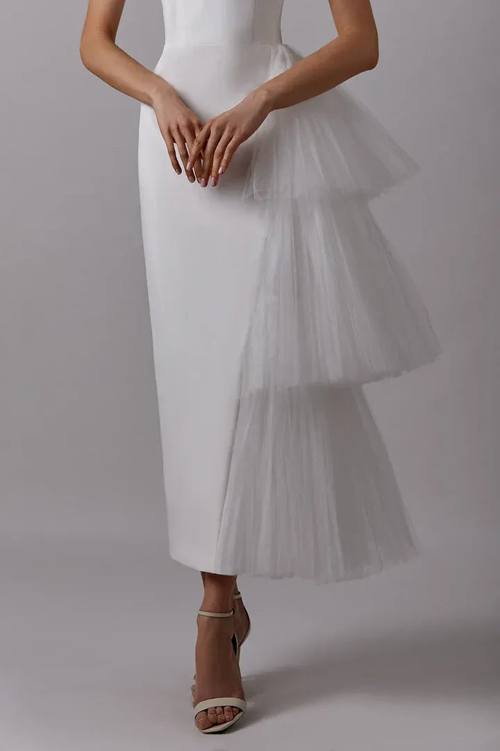 Elegant Tulle Midi Evening Dress White Strapless Ruffled Layer for Women