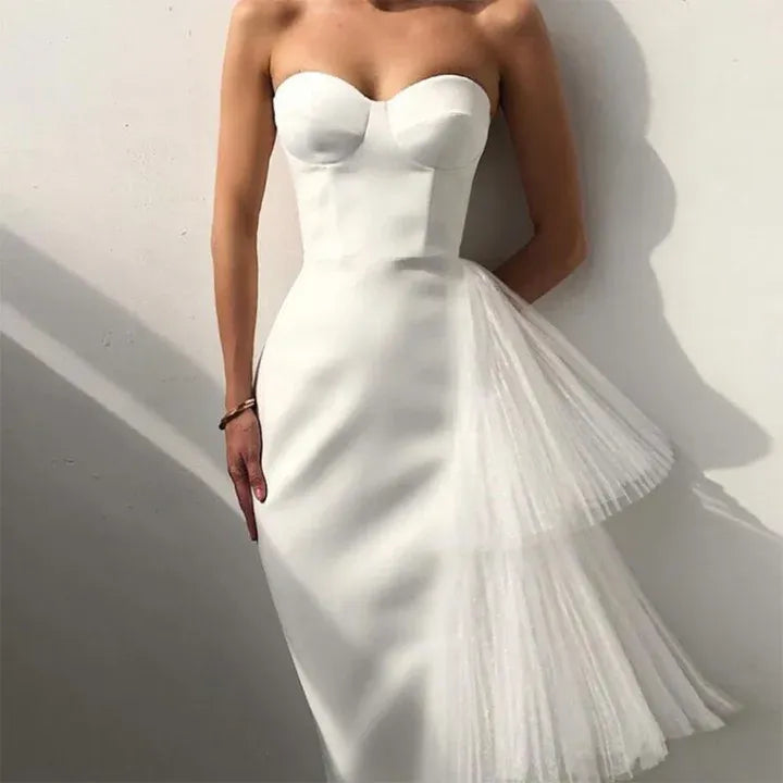 Elegant Tulle Midi Evening Dress White Strapless Ruffled Layer for Women