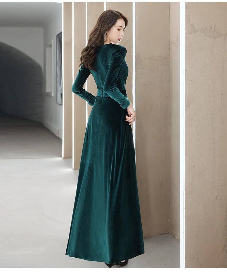 Elegant V-Neck Long Sleeves Velvet Dark Green Prom Dress Evening Dress