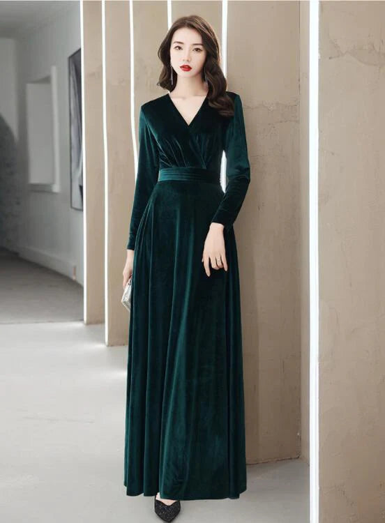 Elegant V-Neck Long Sleeves Velvet Dark Green Prom Dress Evening Dress