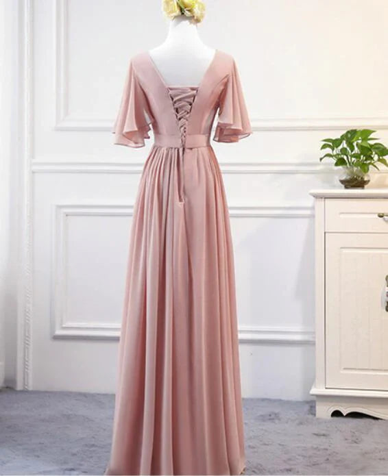 Elegant V Neck Cap Sleeve Pleated Chiffon Pink Long Bridesmaid Dresses