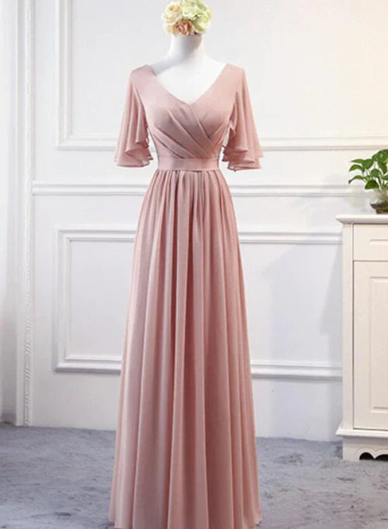 Elegant V Neck Cap Sleeve Pleated Chiffon Pink Long Bridesmaid Dresses