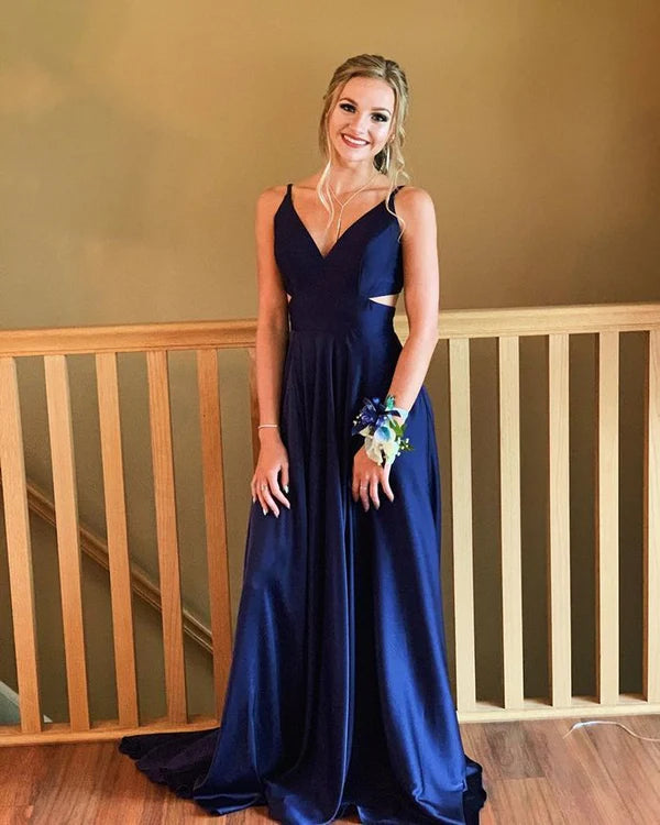 Elegant V Neck Cutout Satin Navy Blue Floor Length Prom Dress