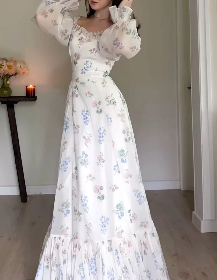 Elegant V Neck Long Sleeve Ruffle Flowers Print White Long Prom Dress