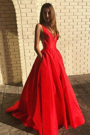 Elegant V Neck Open Back Satin Red Long Prom Dress With Pockets
