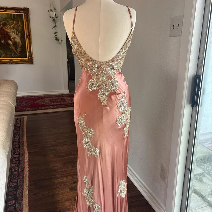 Elegant V Neck Sequin Applique Evening Dress Satin Pink Long Party Dress