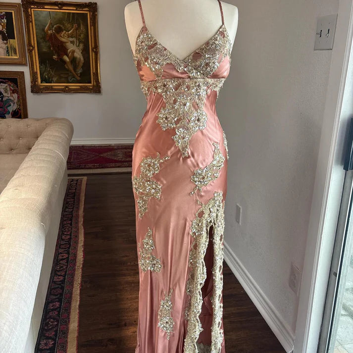 Elegant V Neck Sequin Applique Evening Dress Satin Pink Long Party Dress
