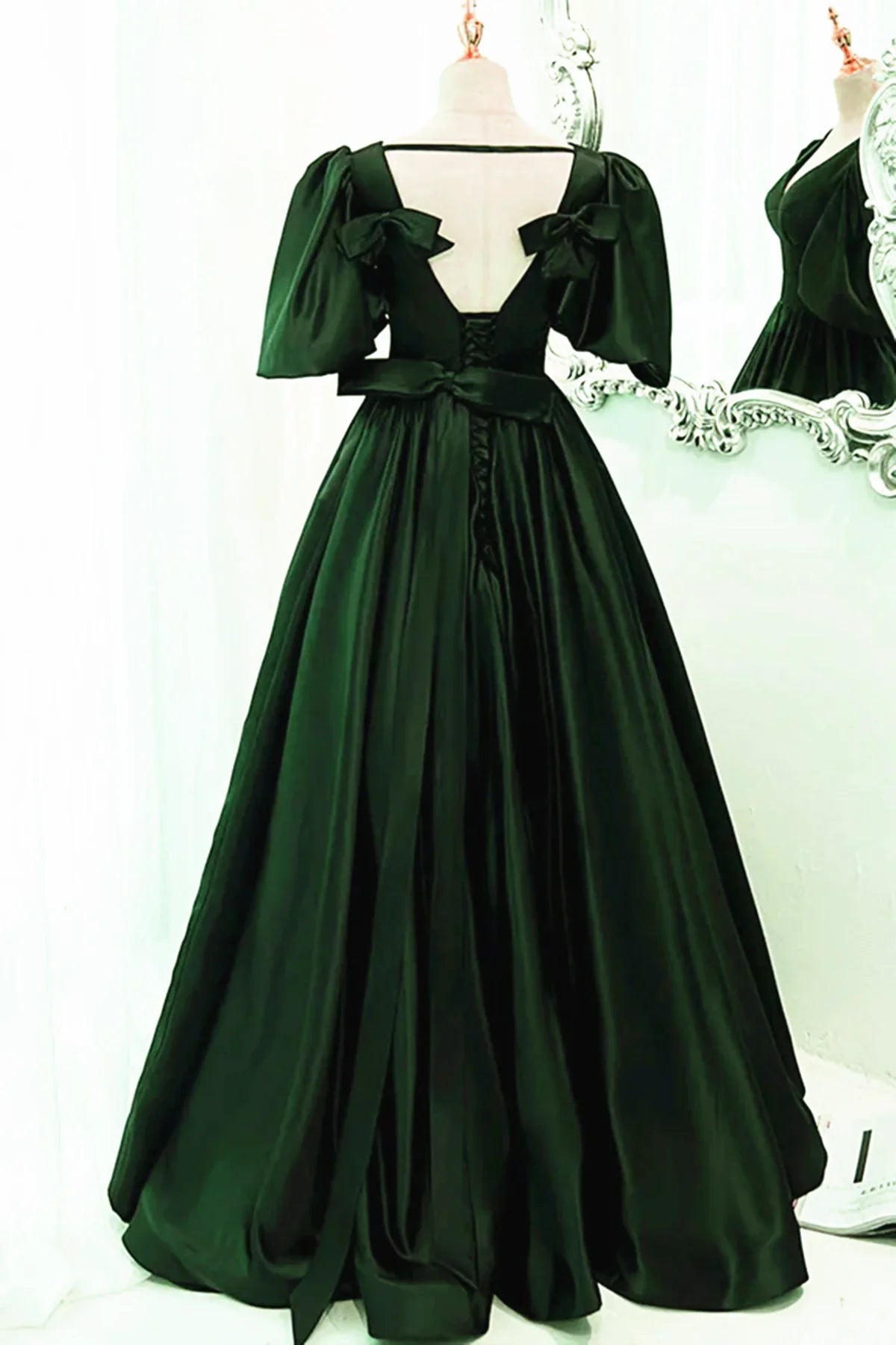 Elegant V Neck Short Sleeves Satin Green Floor Length Prom Dress