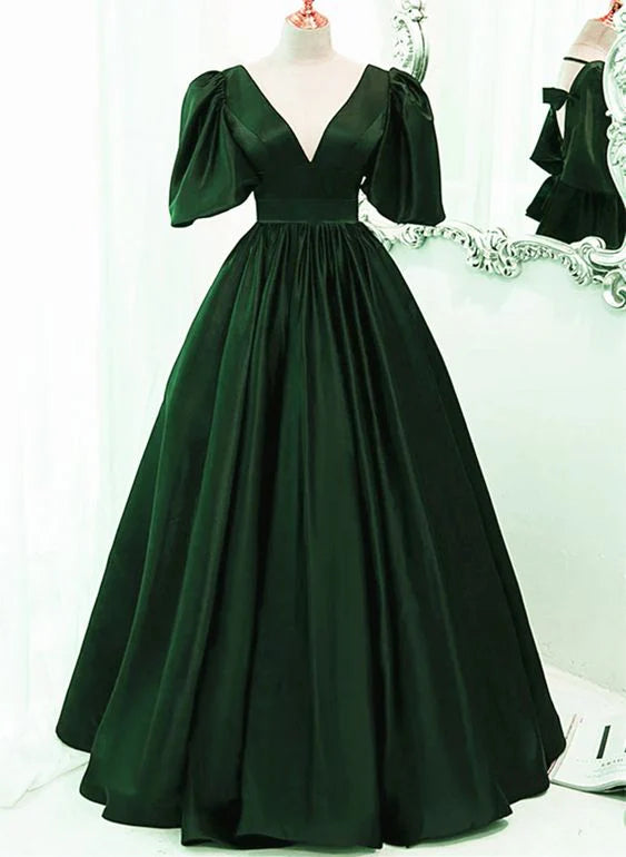 Elegant V Neck Short Sleeves Satin Green Floor Length Prom Dress
