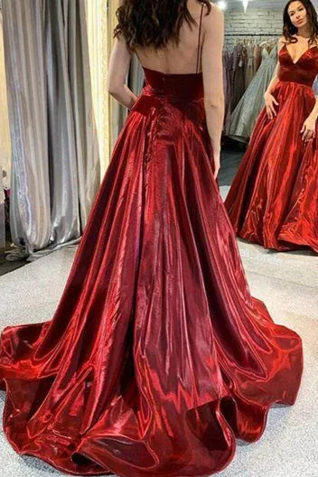 Elegant V Neck Spaghetti Straps Satin Burgundy Long Prom Dress