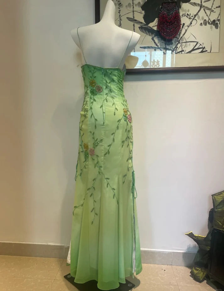 Elegant Vintage Sheath Spaghetti Strap Beaded Chiffon Green Evening Dress