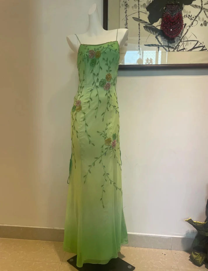 Elegant Vintage Sheath Spaghetti Strap Beaded Chiffon Green Evening Dress
