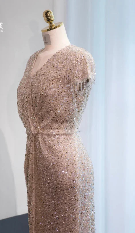 Elegant V neck Short Sleeves Sequin Champagne Mother of the Bride Dresses