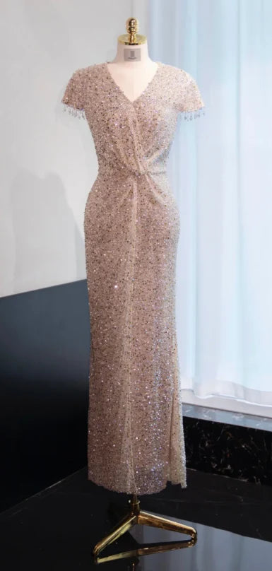 Elegant V neck Short Sleeves Sequin Champagne Mother of the Bride Dresses