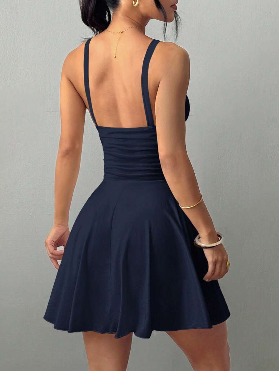 Elegant A-Line Deep V-Neck Ruched Waist Navy Blue Short Homecoming Dresses