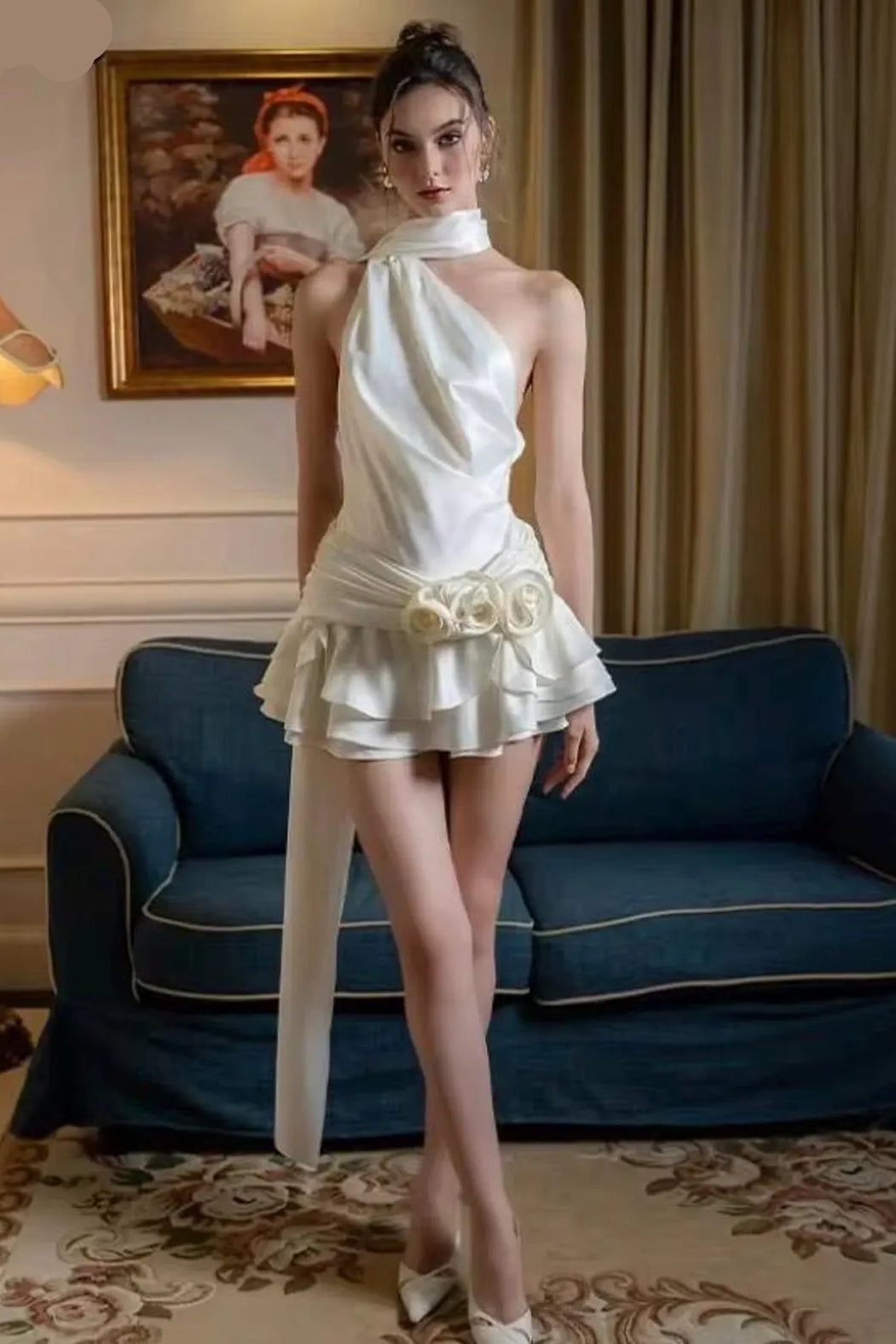 Elegant A-Line Halter 3D Flower Ruffled Satin Ivory Short Homecoming Dresses