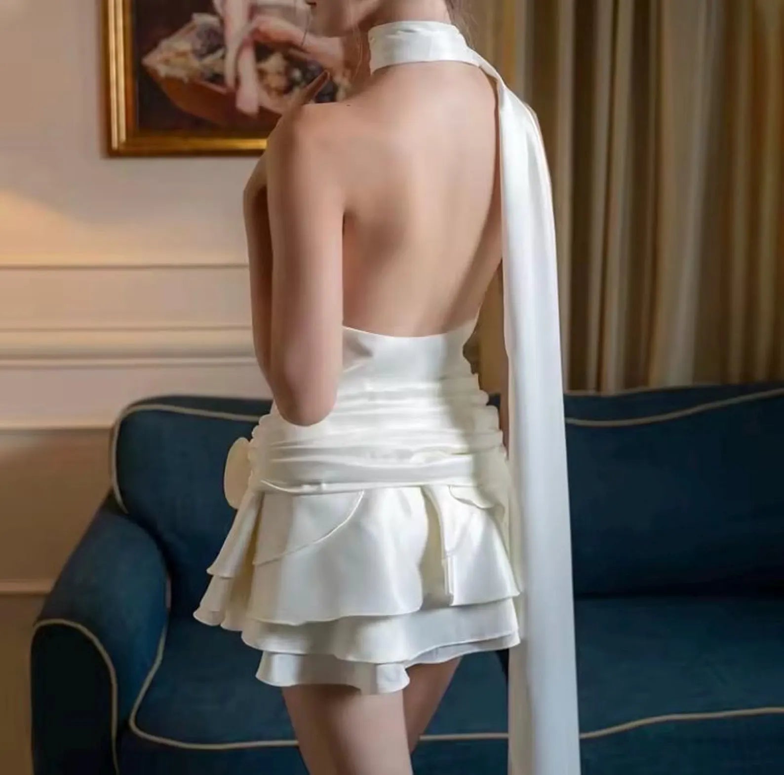 Elegant A-Line Halter 3D Flower Ruffled Satin Ivory Short Homecoming Dresses