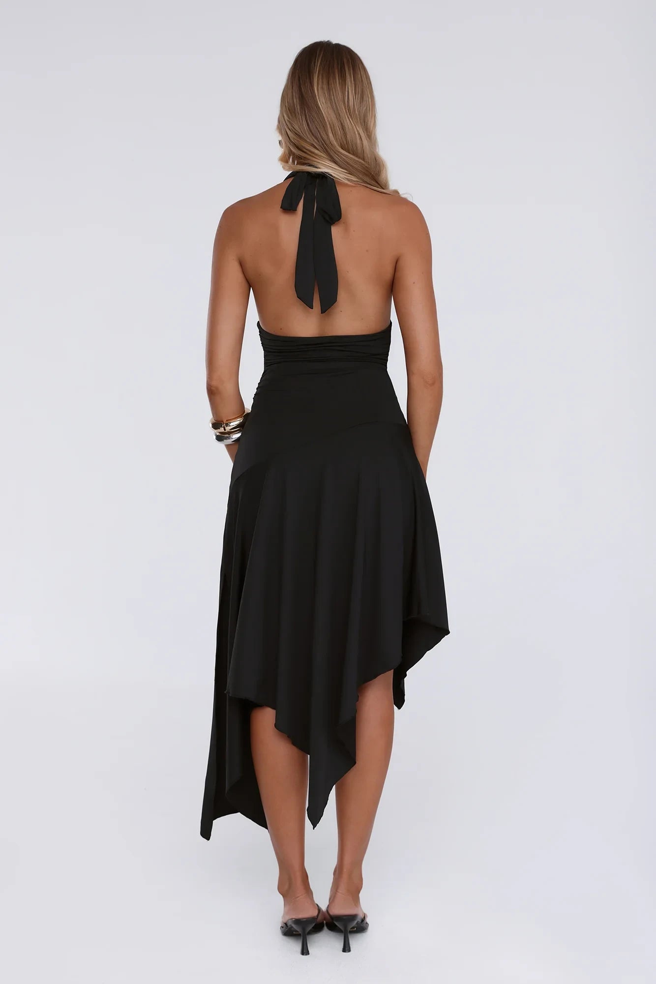 Elegant A-Line Halter Asymmetrical Ruched Black High-Low Homecoming Dress
