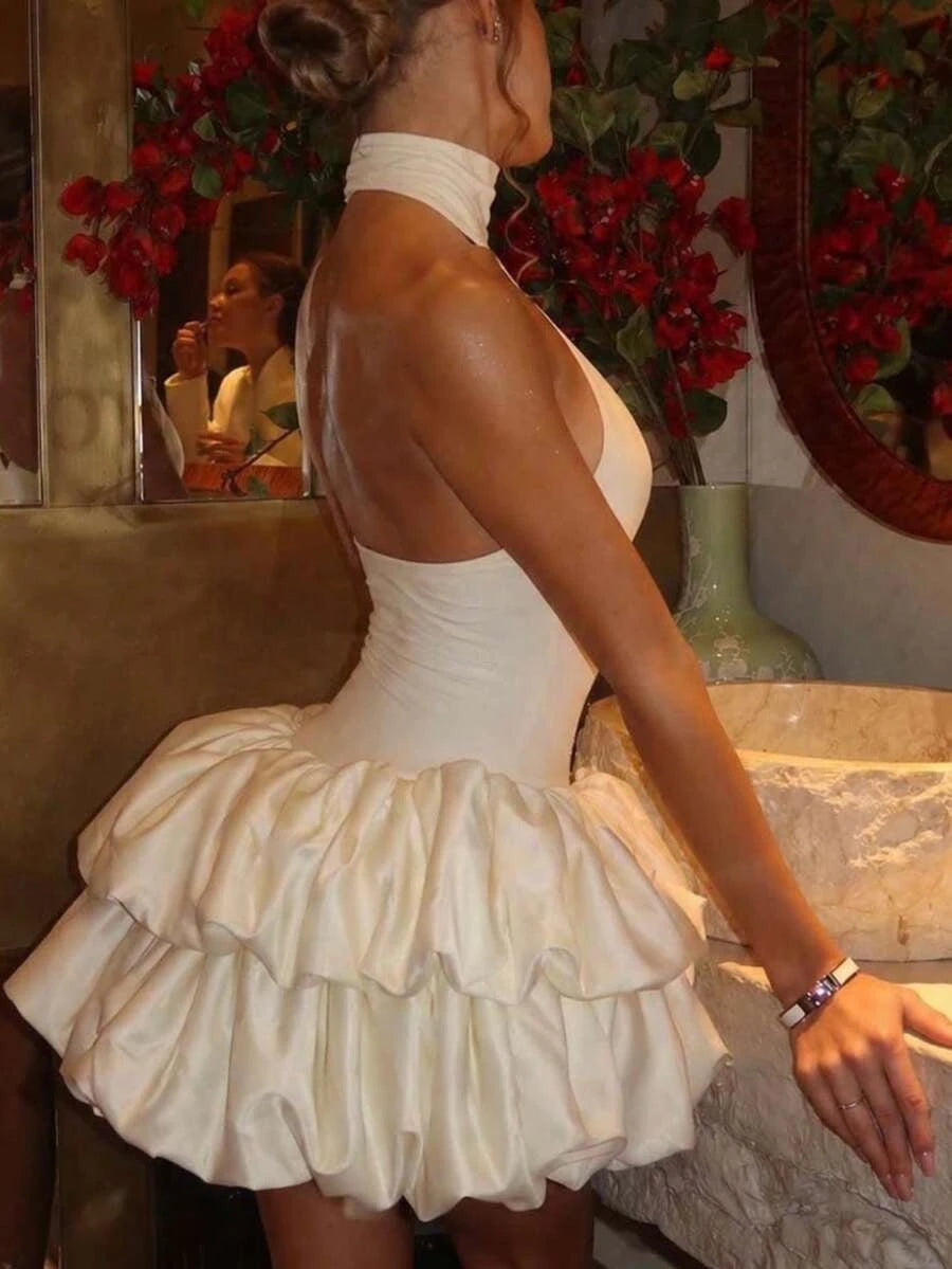 Elegant A-Line Halter Ruffled Tiered Cream Mini Homecoming Dress With Bubble Hem