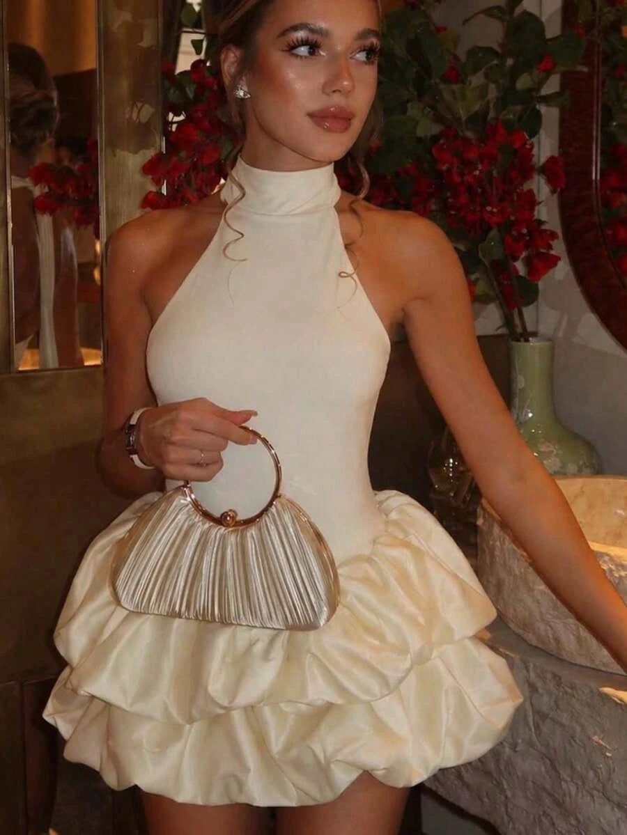 Elegant A-Line Halter Ruffled Tiered Cream Mini Homecoming Dress With Bubble Hem