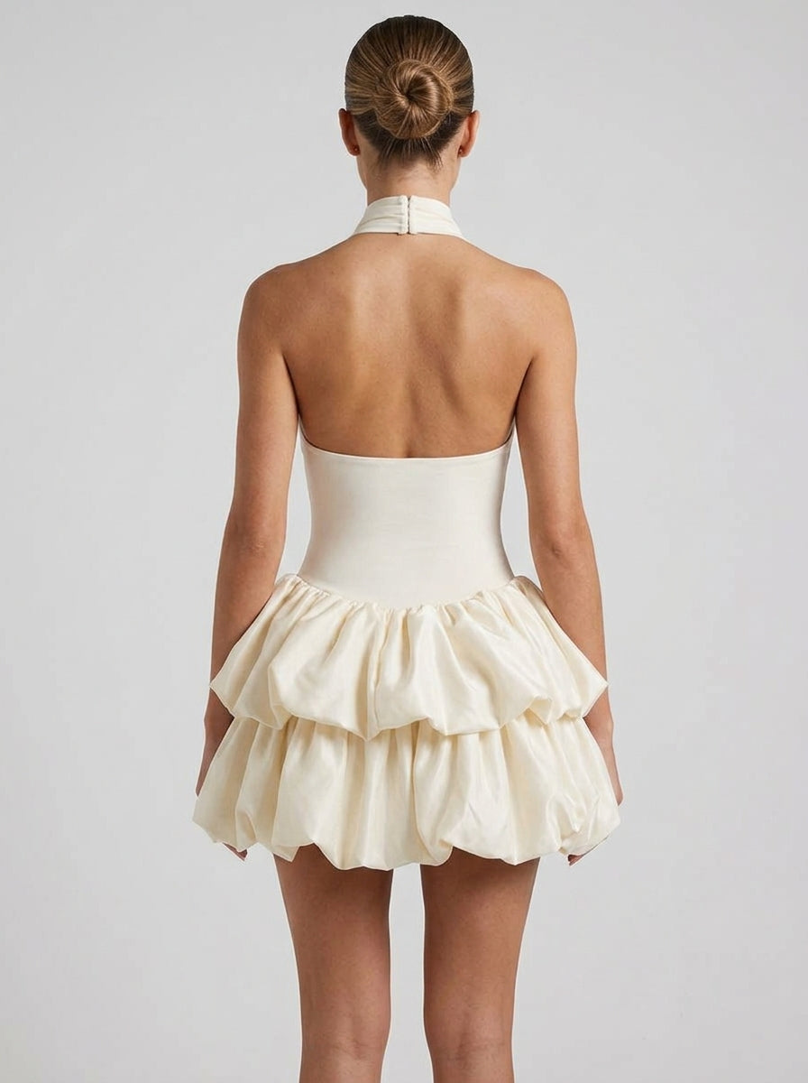 Elegant A-Line Halter Ruffled Tiered Cream Mini Homecoming Dress With Bubble Hem