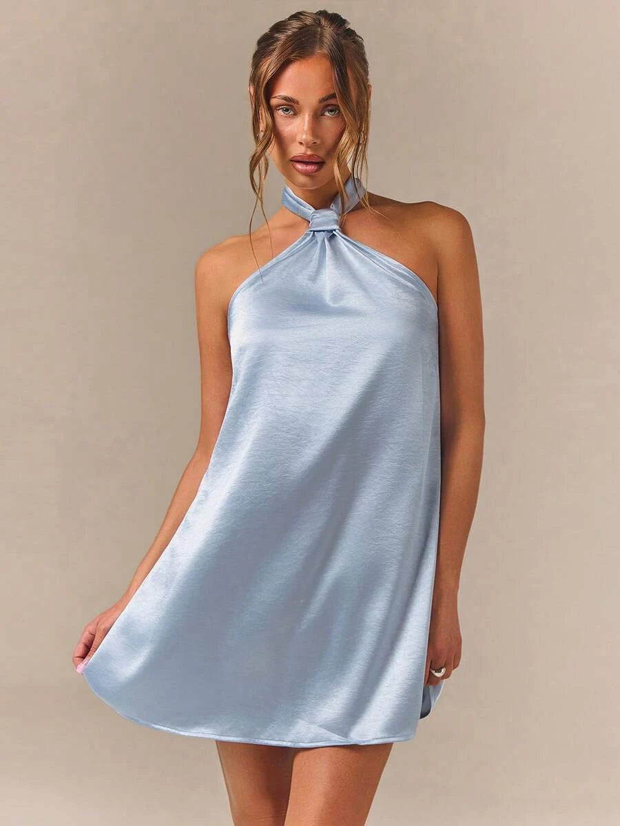 Elegant A-Line Halter Silky Draped Satin Light Blue Short Homecoming Dress