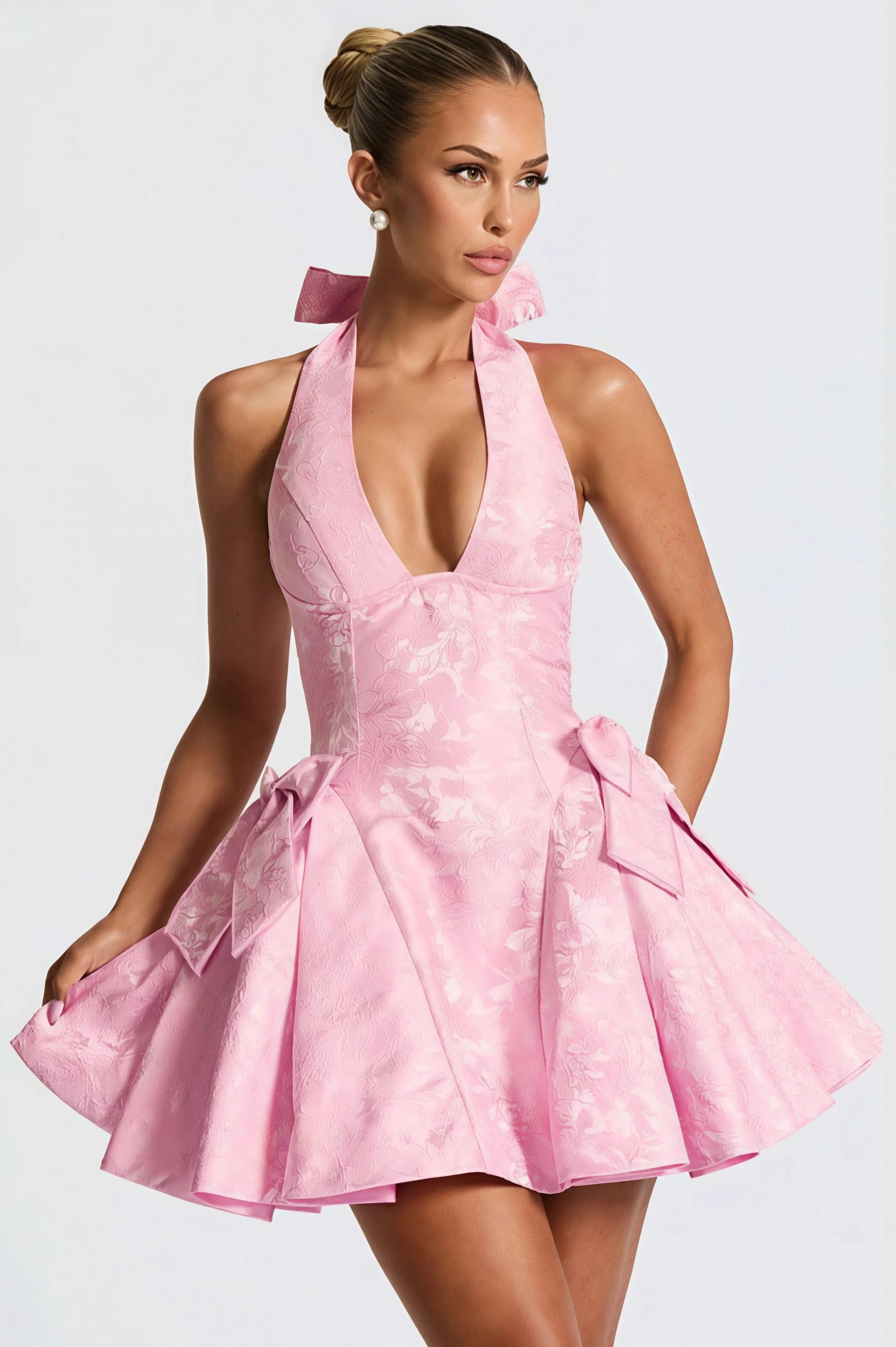 Elegant A-Line Halter Tie Bow Jacquard Pink Mini Homecoming Dress For Ladies