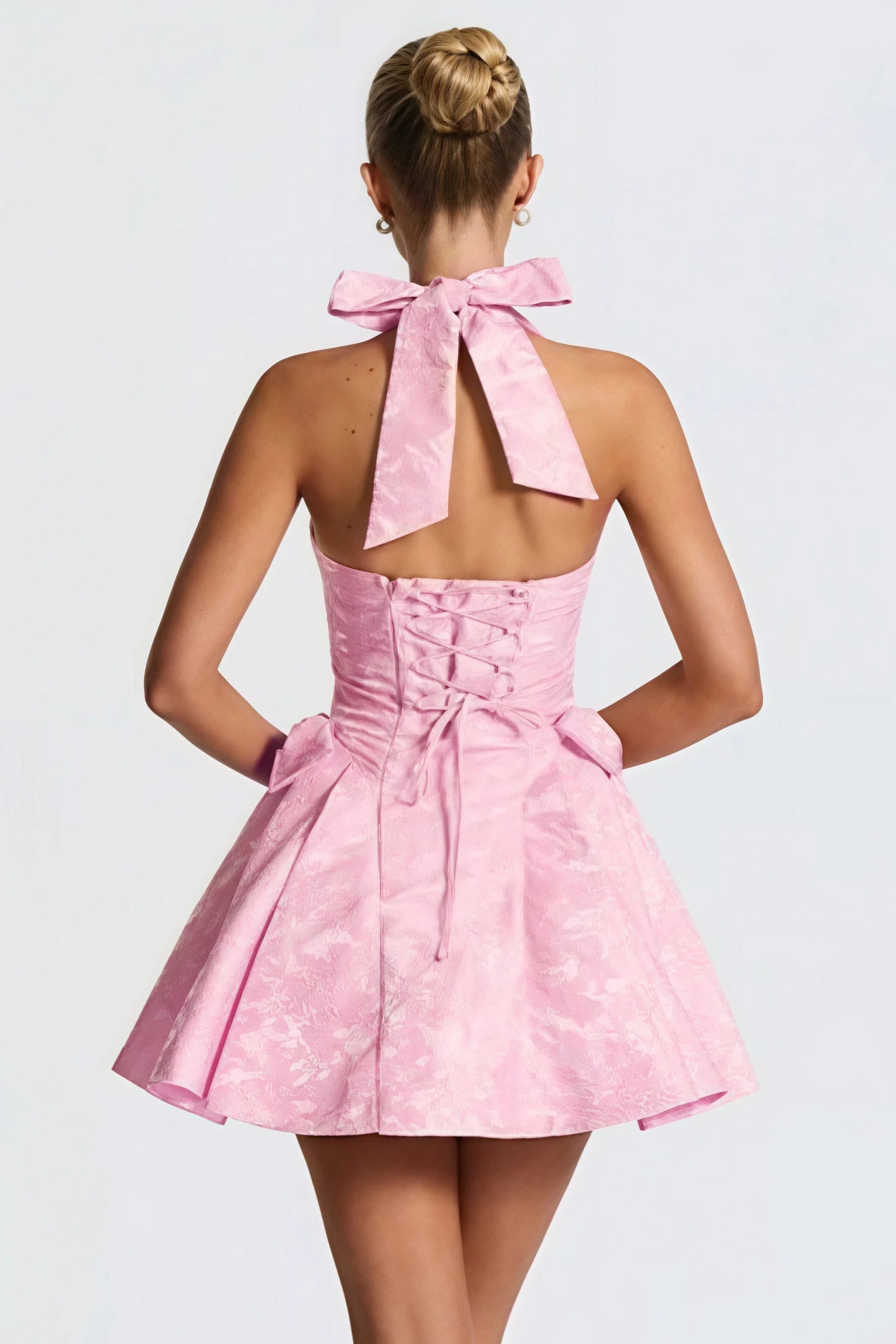 Elegant A-Line Halter Tie Bow Jacquard Pink Mini Homecoming Dress For Ladies